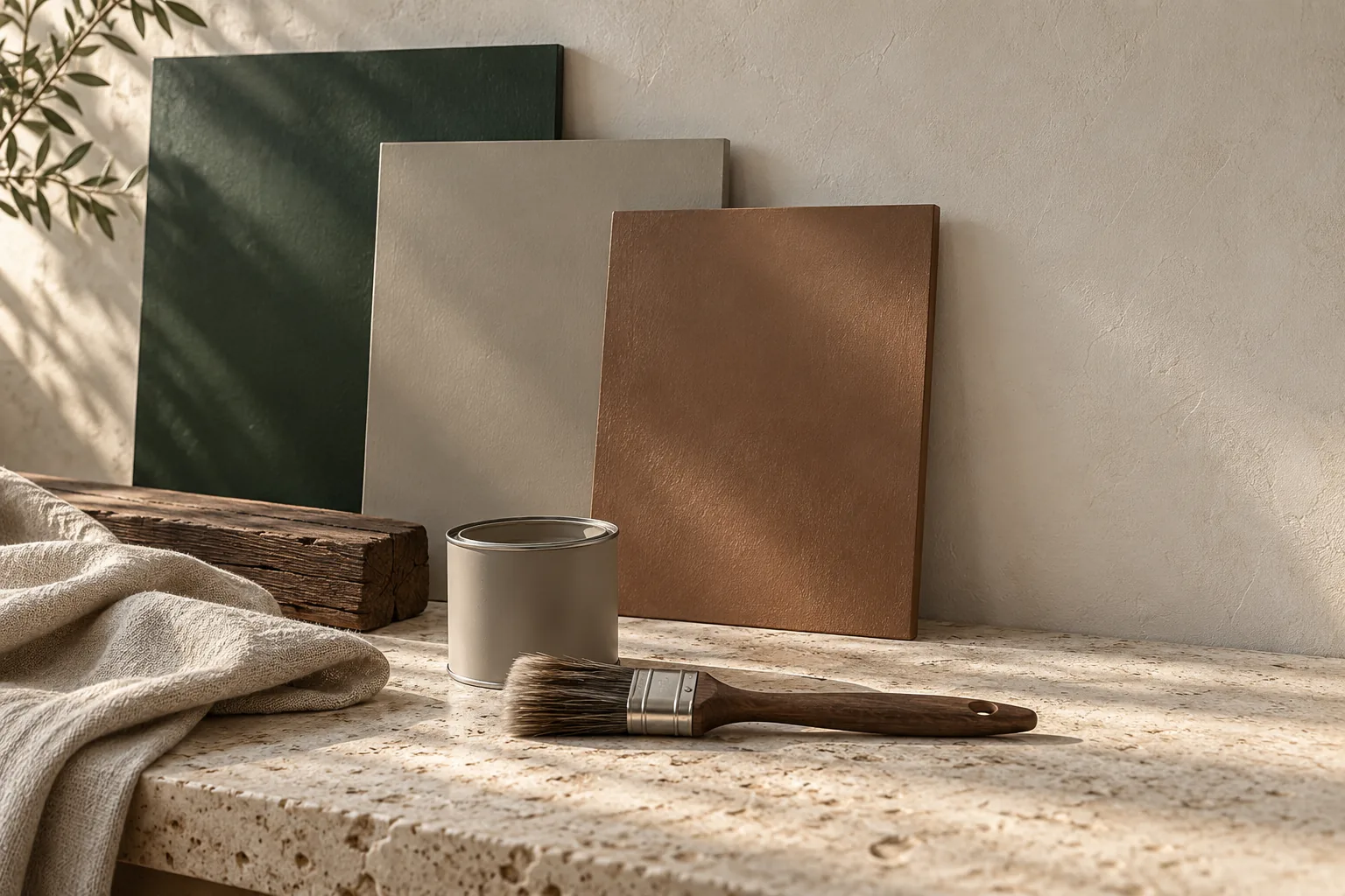 AI-generated material study of forest, putty and copper paint samples with oak and linen